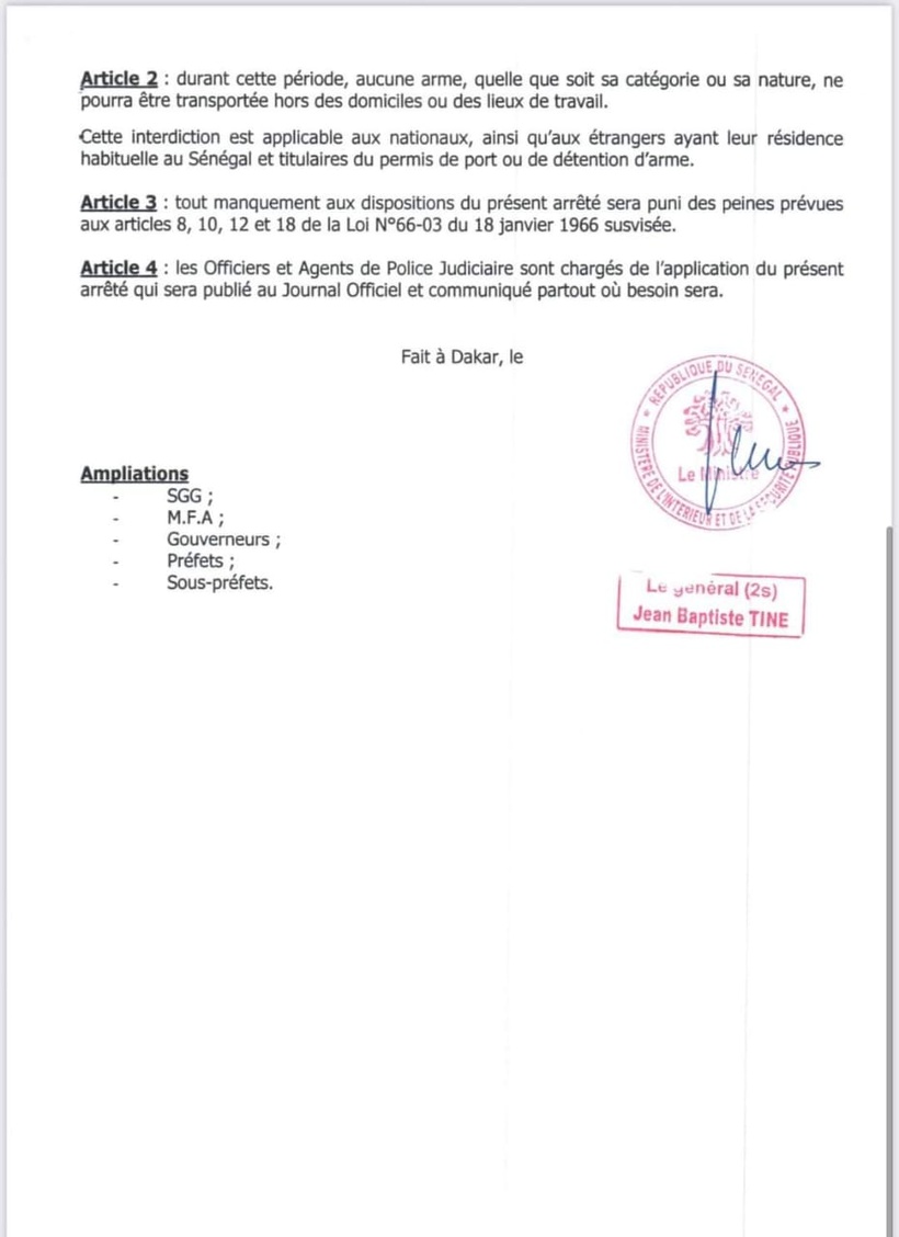 Ministère de l'Intérieur et de la Sécurité publique : publication de l'arrêté portant interdiction de port d'armes, de munitions et d'explosifs