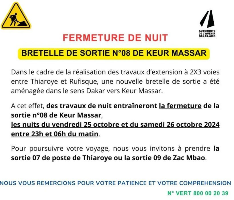 Autoroute à péage : la bretelle de sortie N°8 de Keur Massar fermée durant la nuit du 25 au 26 octobre (communiqué)