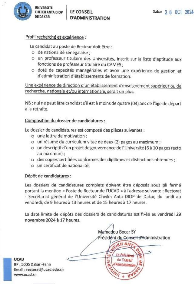 Poste de Recteur de l’UCAD : l'appel à candidature lancé