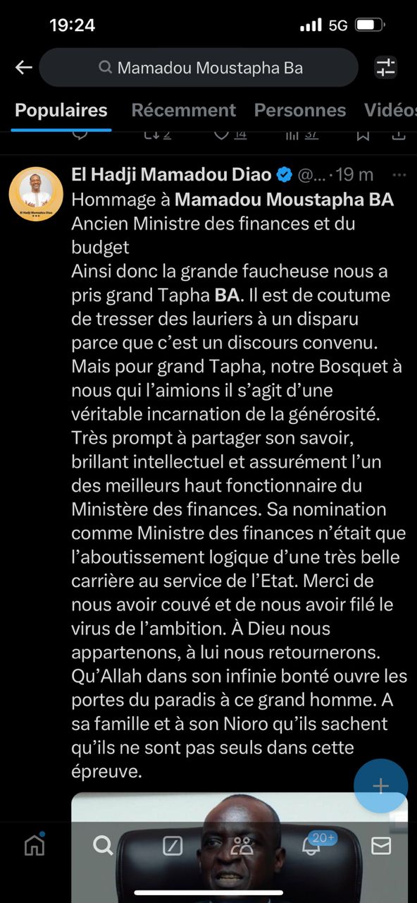 Décès de l'ancien ministre Moustapha Ba : l'hommage de Mame Boye Diao