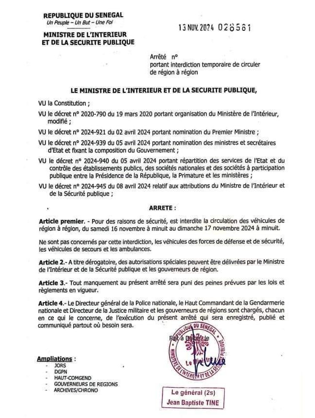 Ministère de l'Intérieur et de la Sécurité publique : publication de l'arrêté portant interdiction temporaire de circuler de région à région