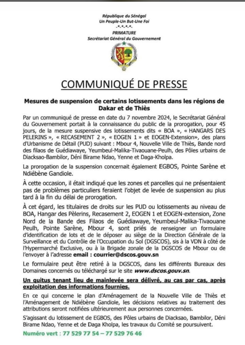 Lotissements suspendus à Dakar et Thiès : les concernés invités à se rendre à la DGSCOS pour l'identification