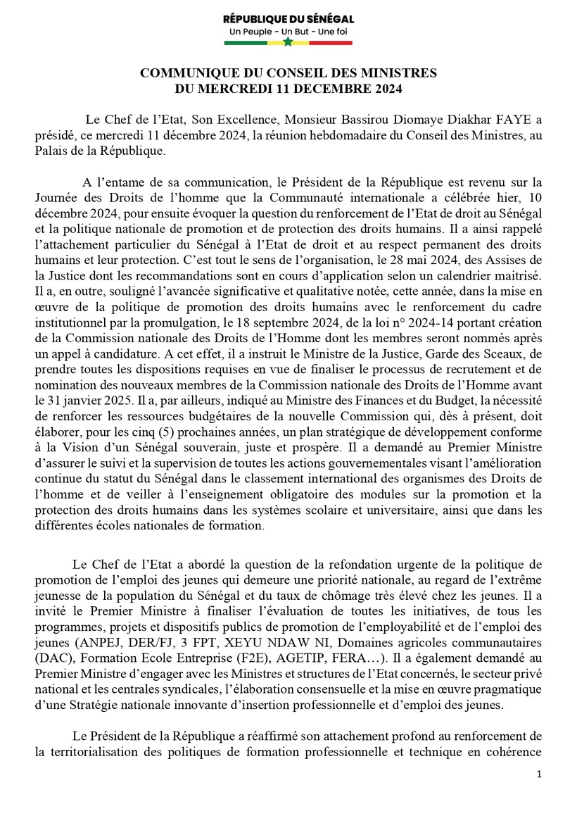 Communiqué du Conseil des ministres du mercredi 11 décembre 2024 (Communiqué)