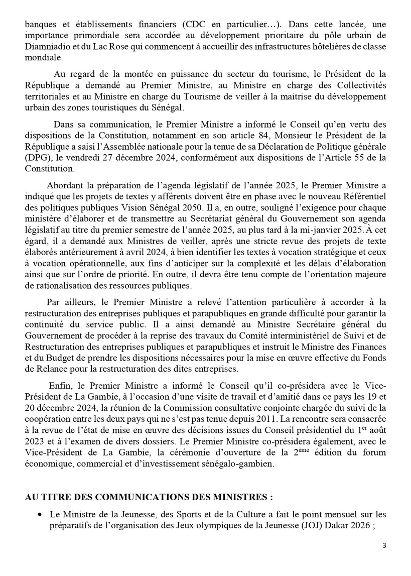 COMMUNIQUE DU CONSEIL DES MINISTRES DU MERCREDI 18 DECEMBRE 2024