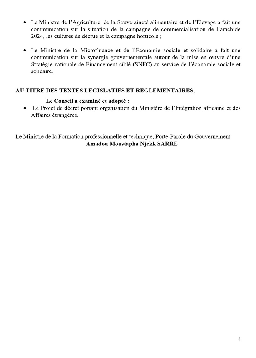 COMMUNIQUE DU CONSEIL DES MINISTRES DU MERCREDI 18 DECEMBRE 2024