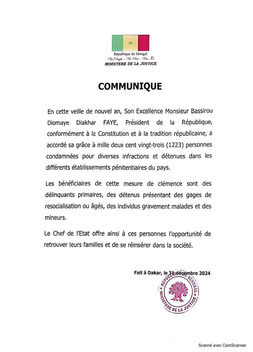 Veille du nouvel an : le Président Bassirou Diomaye Faye a accordé sa grâce à 1223 personnes