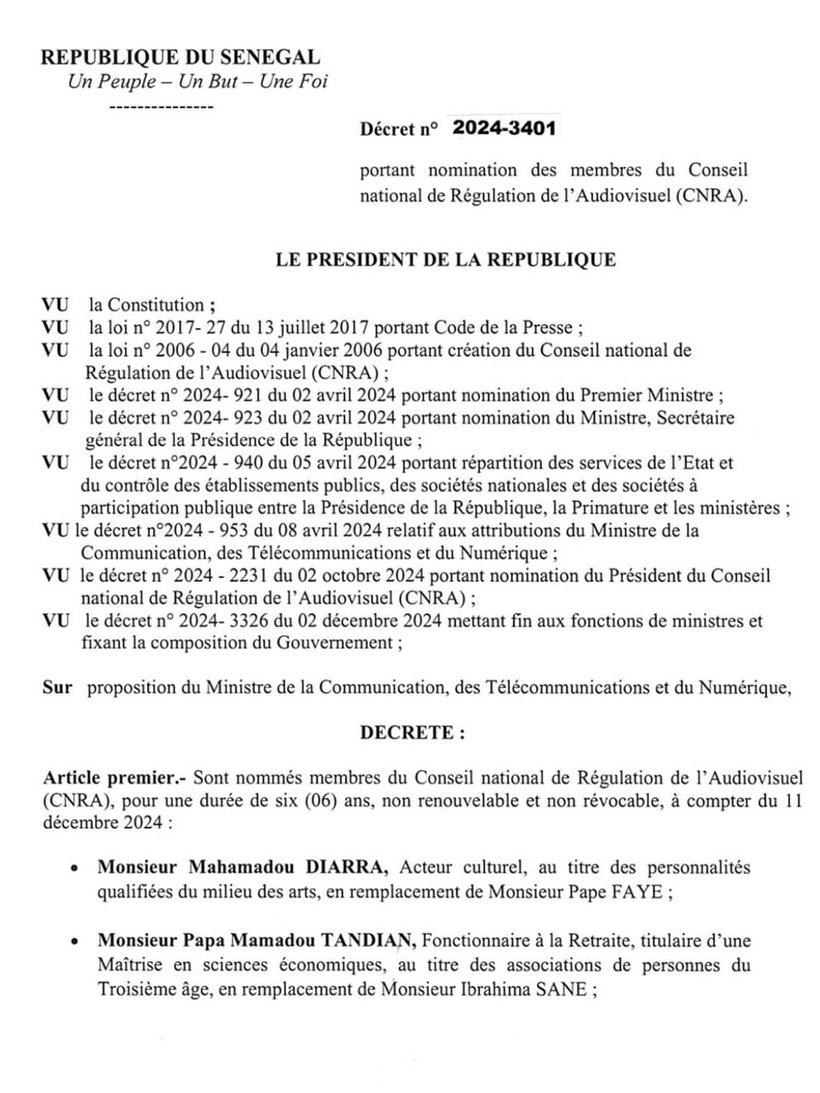 Réorganisation du CNRA : le Président Diomaye Faye nomme de nouveaux membres