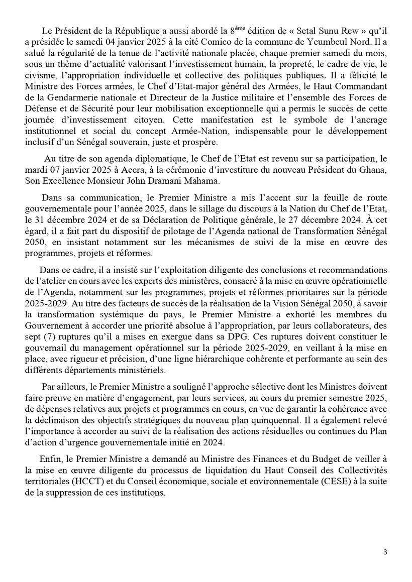 Communiqué du Conseil des ministres du mercredi 08 janvier 2025