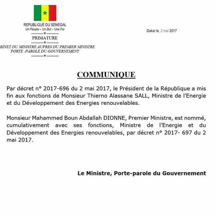 Voici le décret portant limogeage du ministre de l'Energie Thierno Alassane Sall