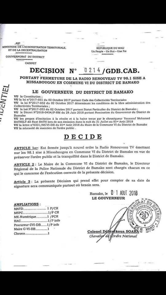 La tension monte au Mali : le Gouverneur de Bamako ordonne la fermeture d'une radio privée