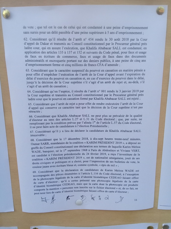 Invalidation des candidatures de Khalifa Sall et de Karim Wade: Les motifs avancés par le Conseil Conseil Constitutionnel (Documents)