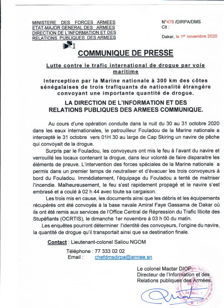 Cap Skiring: la Marine nationale intercepte une pirogue qui transportait une importante quantité de drogue