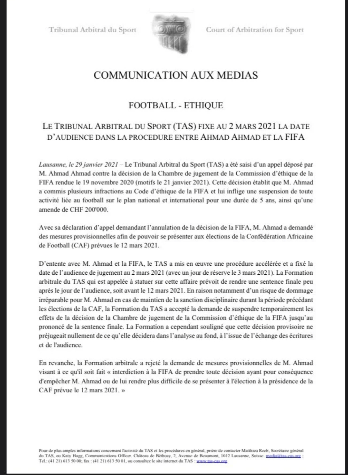 CAF : le TAS lève provisoirement la suspension d’Ahmad et le remet en lice pour les élections