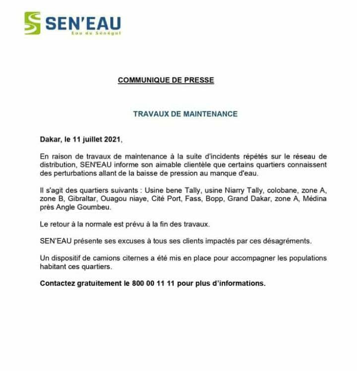 Sen’Eau annonce des perturbations dans la fourniture de l’eau à Dakar