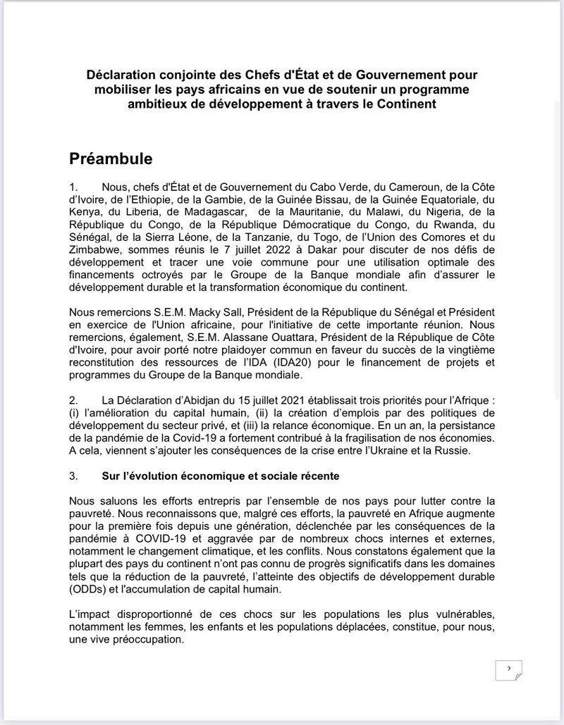 ​Appel à l'action de Dakar : les chefs d’Etats africains se mobilisent en vue de soutenir un programme ambitieux de développement à travers le continent