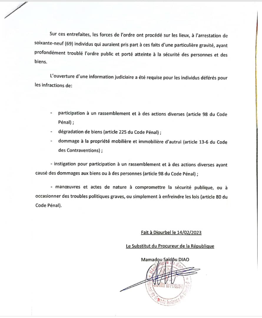 Manifestations de Mbacké: le Procureur de Diourbel annonce une information judiciaire pour 69 militants de Pastef arrêtés