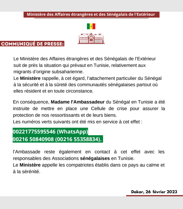 Situation en Tunisie :  une cellule de crise installée et des numéros verts mis à la disposition des Sénégalais