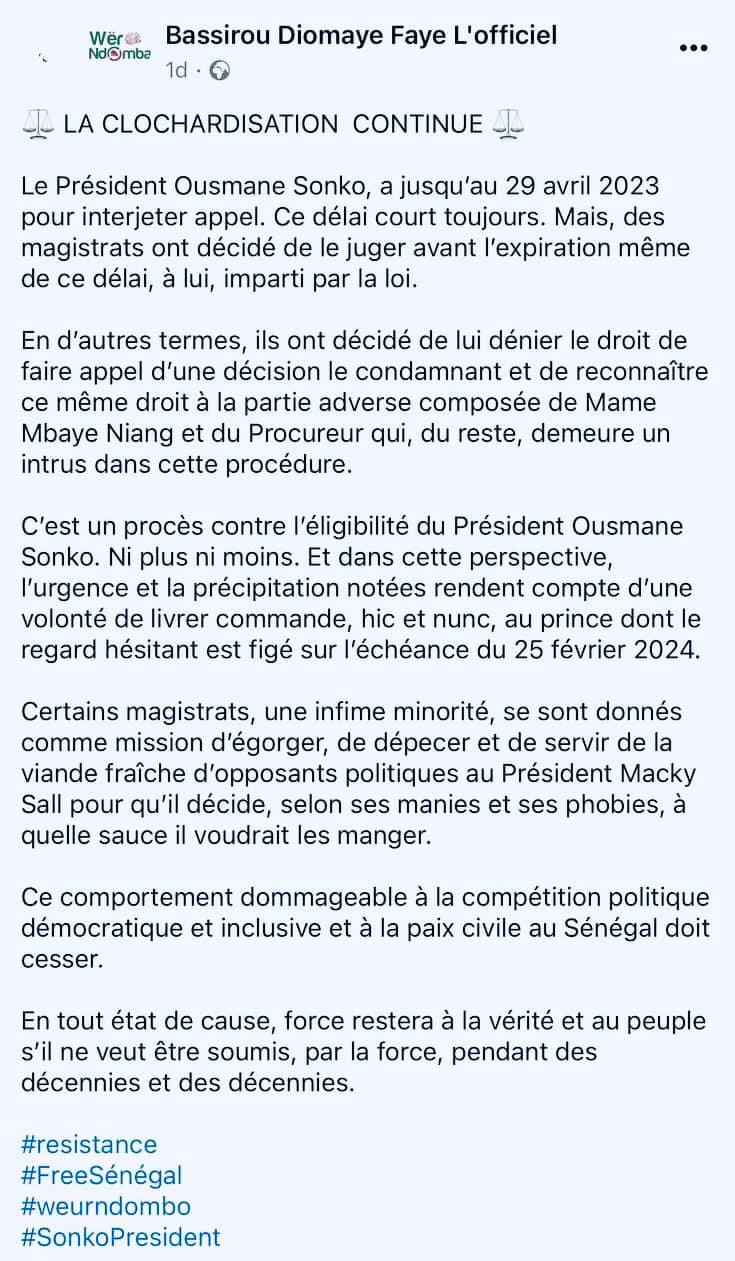 Le post Facebook de Bassirou Diomaye Faye partagé par Ousmane Sonko