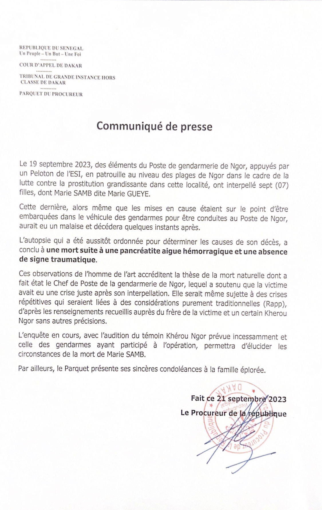 Décès de Marie Samb à Ngor: le Procureur parle d’une mort naturelle des suites d’un malaise