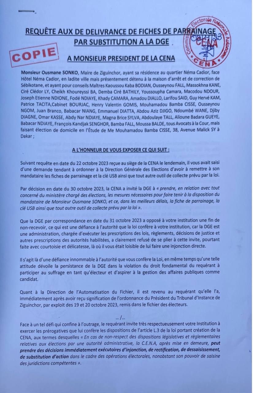 Fiches parrainages: les avocats de Sonko demandent directement à la CENA de substituer à la DGE