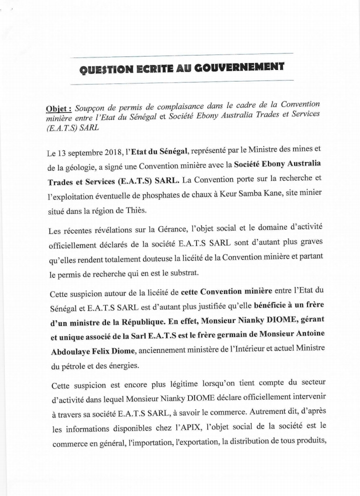 L'octroi supposé d'un permis pour la recherche de phosphate au frère de Antoine Diome: Guy Marius Sagna saisit le gouvernement