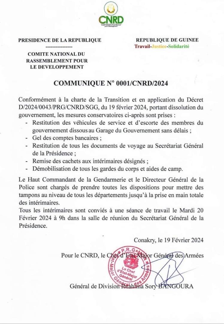 Guinée : le colonel Mamadi Doumbouya annonce des mesures conservatoires suite à la dissolution du Gouvernement