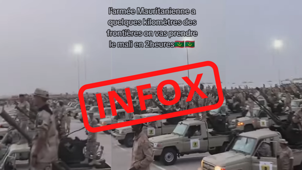 Cette vidéo montre un défilé militaire en Libye le 16 mai 2024 et non pas l’armée mauritanienne se préparant à attaquer le Mali. © Captures d'écran/ Montage RFI