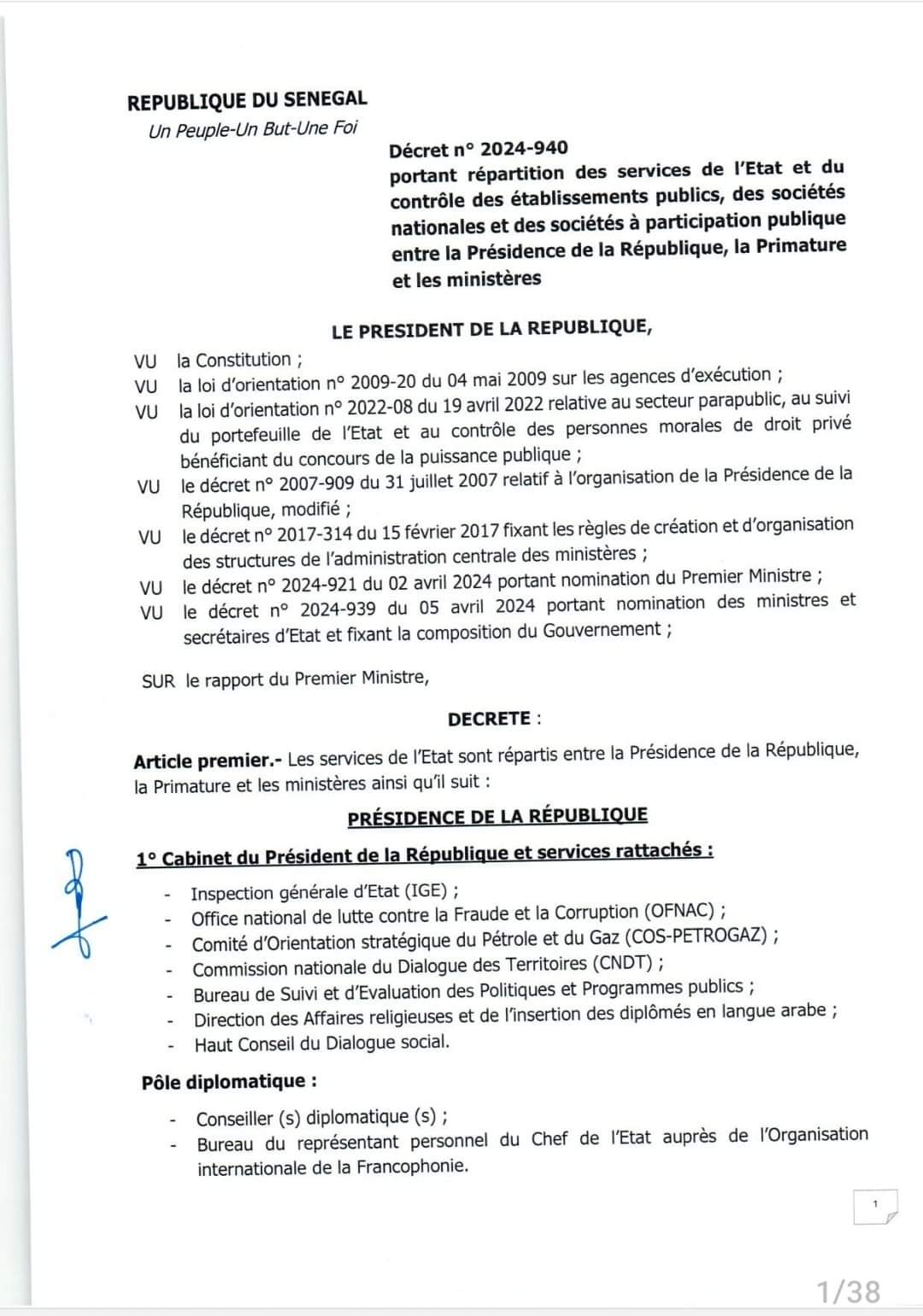 Le Président Diomaye publie le décret portant répartition des services de l’Etat et du contrôle des établissements publics