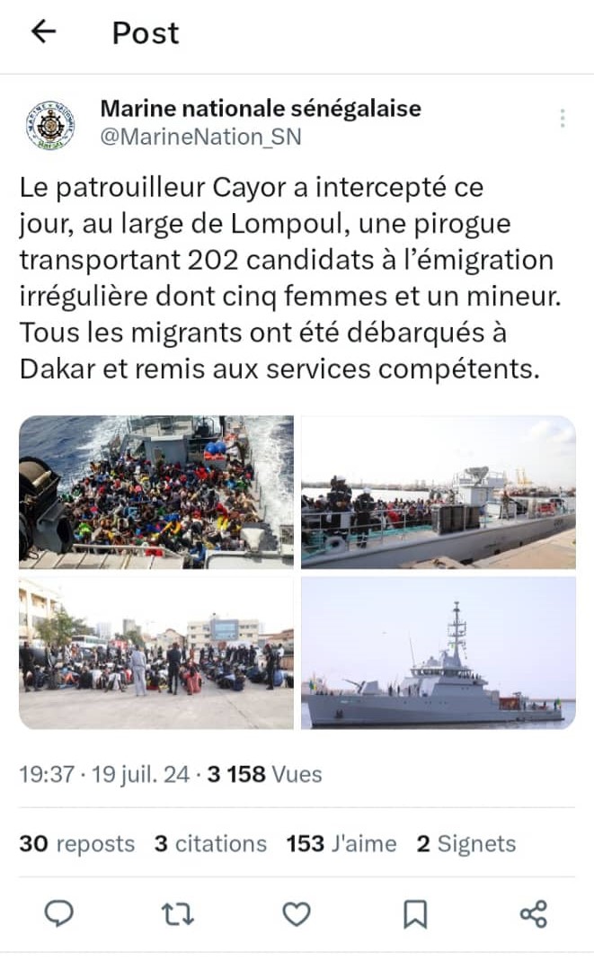 Immigration irrégulière : une pirogue de 202 migrants interceptée au large de Lompoul