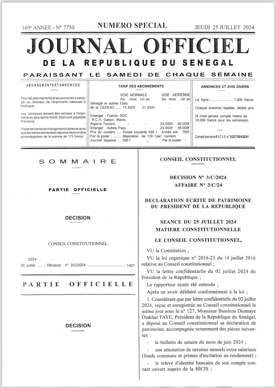 Le Conseil constitutionnel publie la déclaration de patrimoine du Président Bassirou Diomaye Faye 