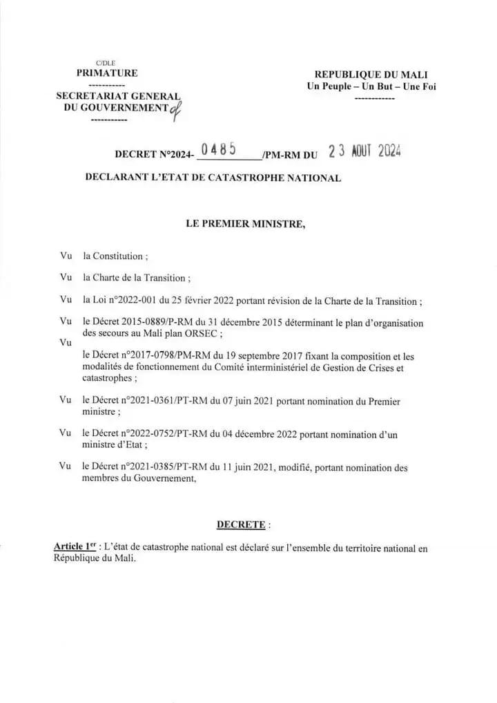 Mali : le gouvernement déclare l'état de catastrophe nationale