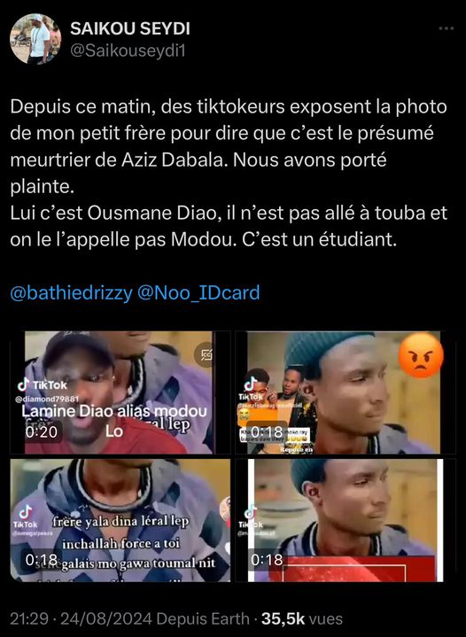 Meurtre d’Aziz Dabala : le journaliste Saikou Seydi dénonce la diffusion erronée de la photo de son frère et annonce une plainte