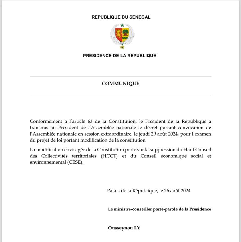 Dissolution du HCCT et CESE : Président Diomaye convoque l'Assemblée nationale en session extraordinaire jeudi prochain