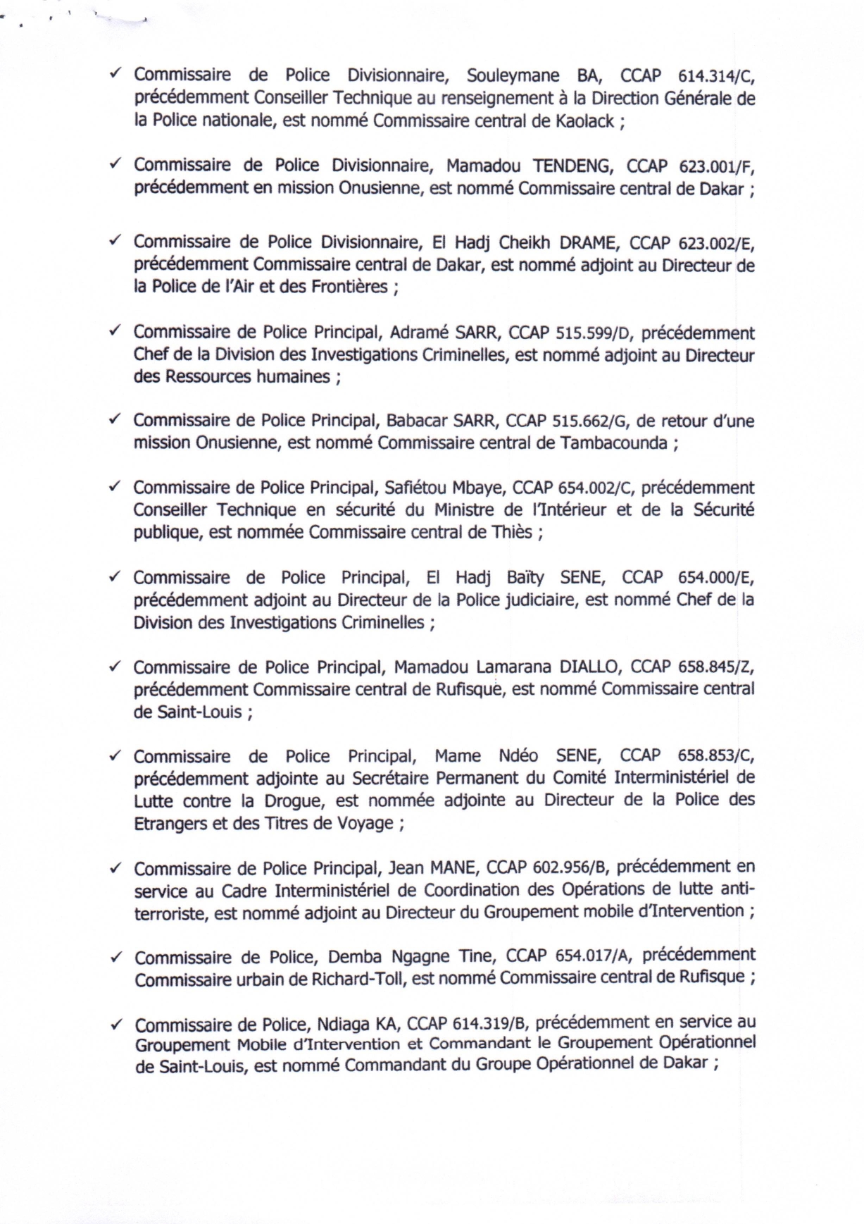 Ministère de l'Intérieur et de la Sécurité publique : décision portant nomination de cadres supérieurs de la Police nationale (document)