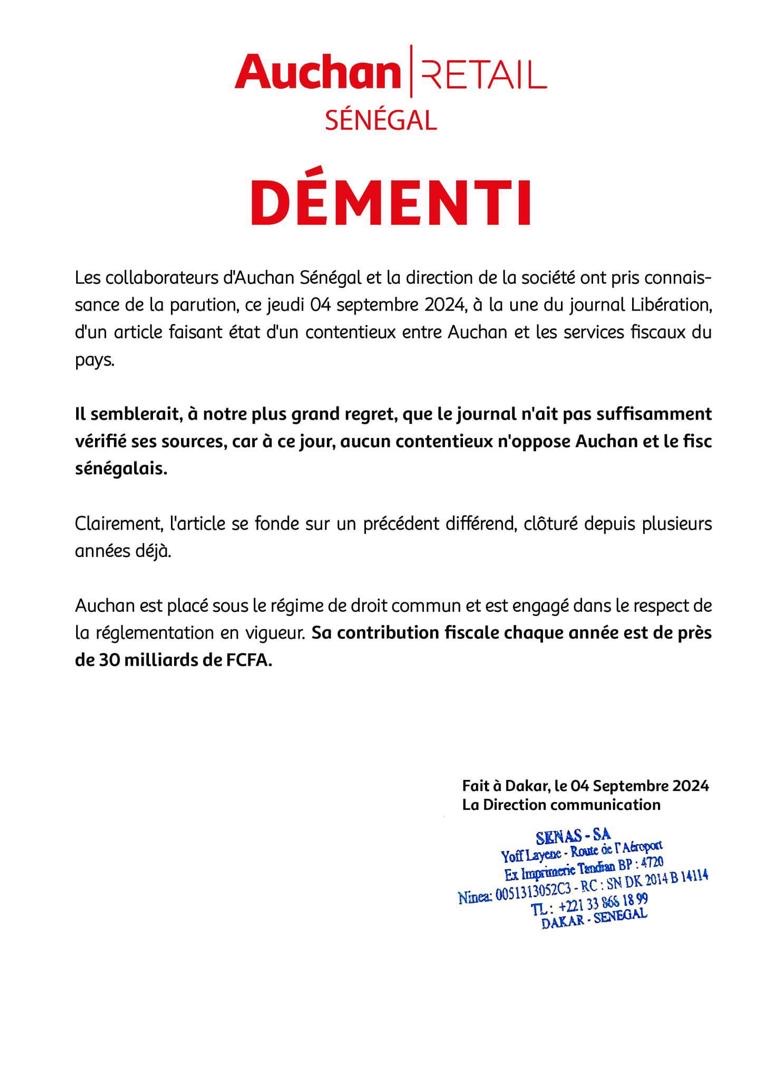 Auchan Sénégal dément tout contentieux avec le fisc sénégalais