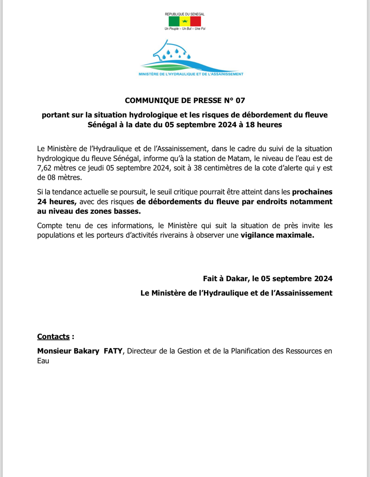 Risque de débordement du fleuve à Matam : le Ministère de l’Hydraulique appelle à la vigilance