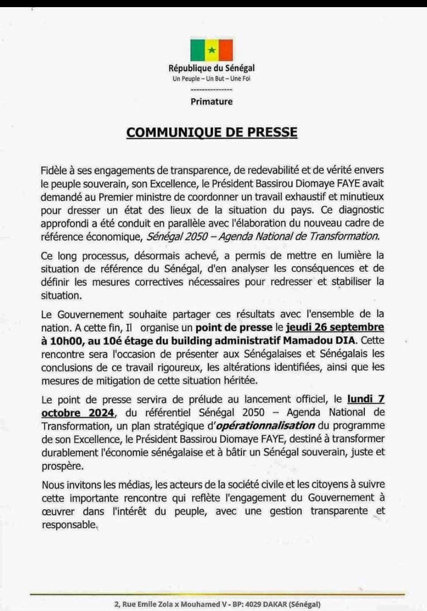 Le gouvernement sénégalais va dévoiler les résultats de son diagnostic sur la situation nationale ce jeudi