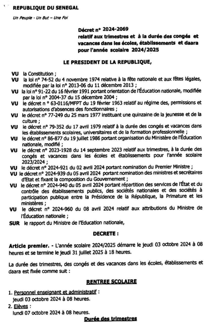 Sénégal: l'année scolaire démarre le 3 octobre 2024 et se termine le 31 juillet 2025 (décret)