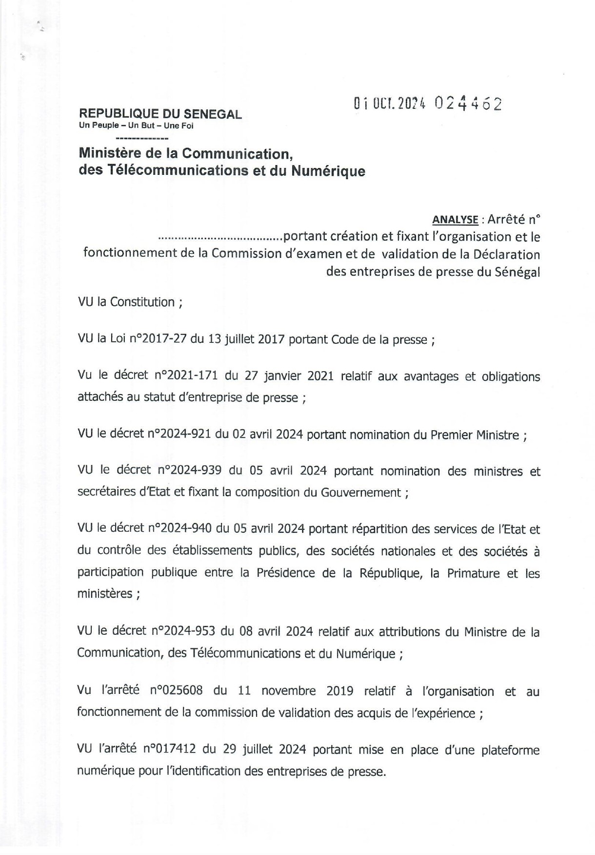 Urgent : publication de la Commission d'examen et de validation de la déclaration des entreprises de presse du Sénégal