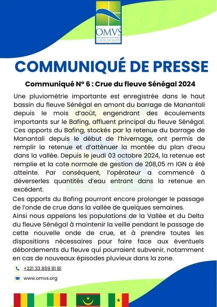 Fleuve Sénégal : l’OMVS alerte sur des semaines de montée des eaux après 208 mètres dépassés