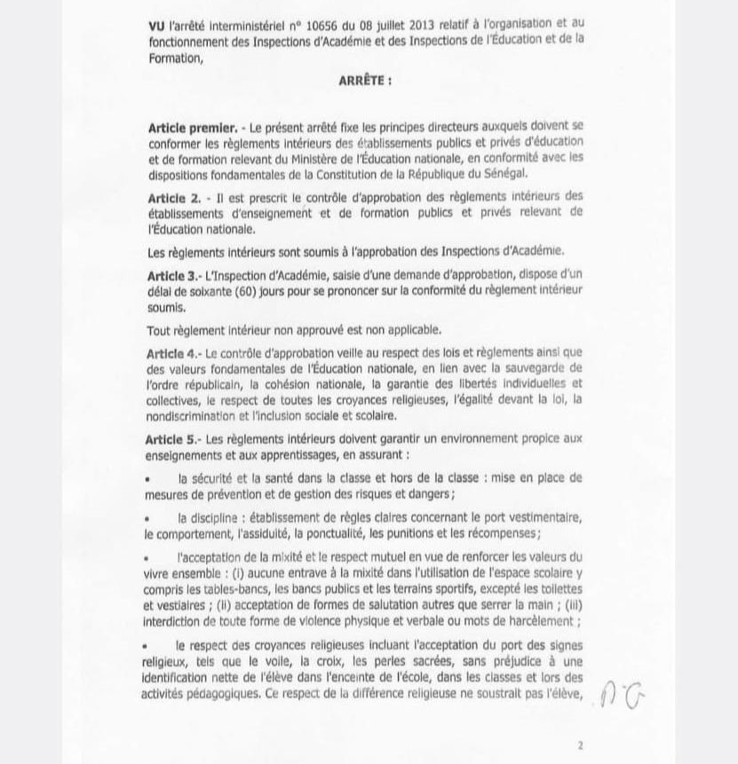 Principes directeurs des règlements intérieurs des établissements publics et privés du Sénégal : le ministère l'éducation divulgue l'arrêté