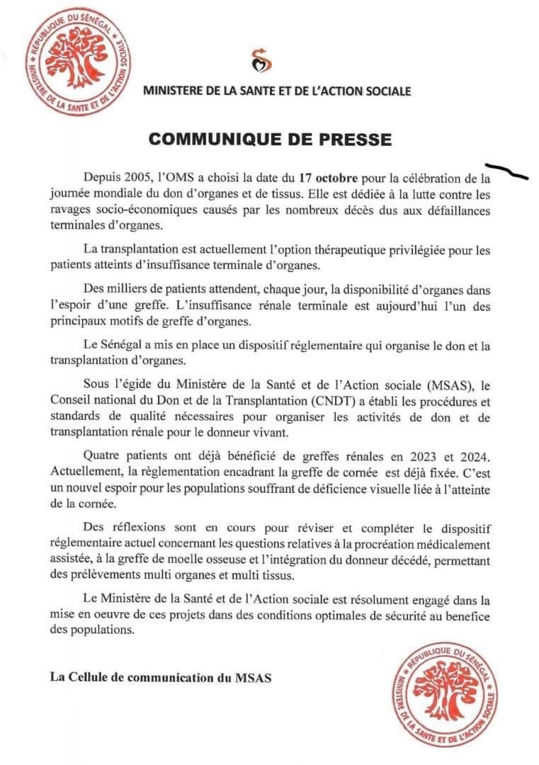 Journée mondiale du don d’organes : Le Sénégal renforce son dispositif de transplantation