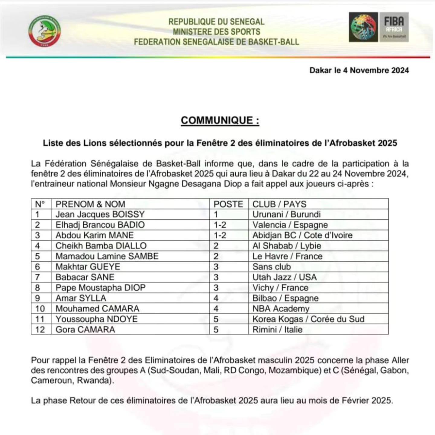 Afrobasket 2025 : Desagana Diop dévoile la liste des « Lions » pour les éliminatoires à Dakar