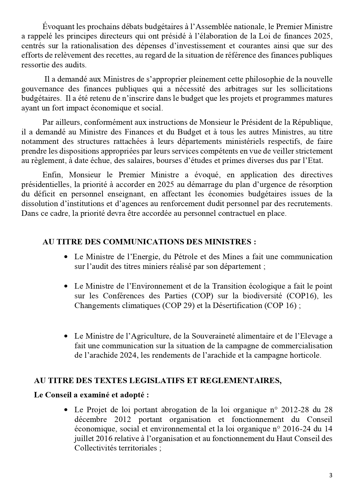 Communiqué du Conseil des ministres du mercredi 11 décembre 2024 (Communiqué)