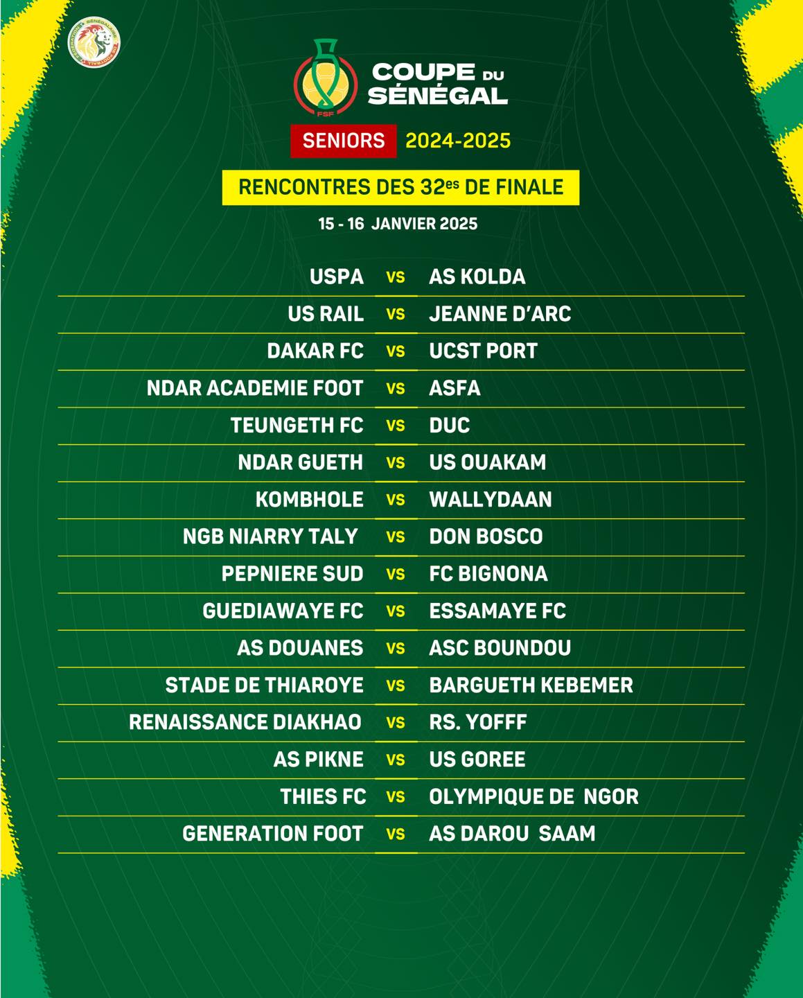 Coupe du Sénégal : les affiches des 32es de finale dévoilées 