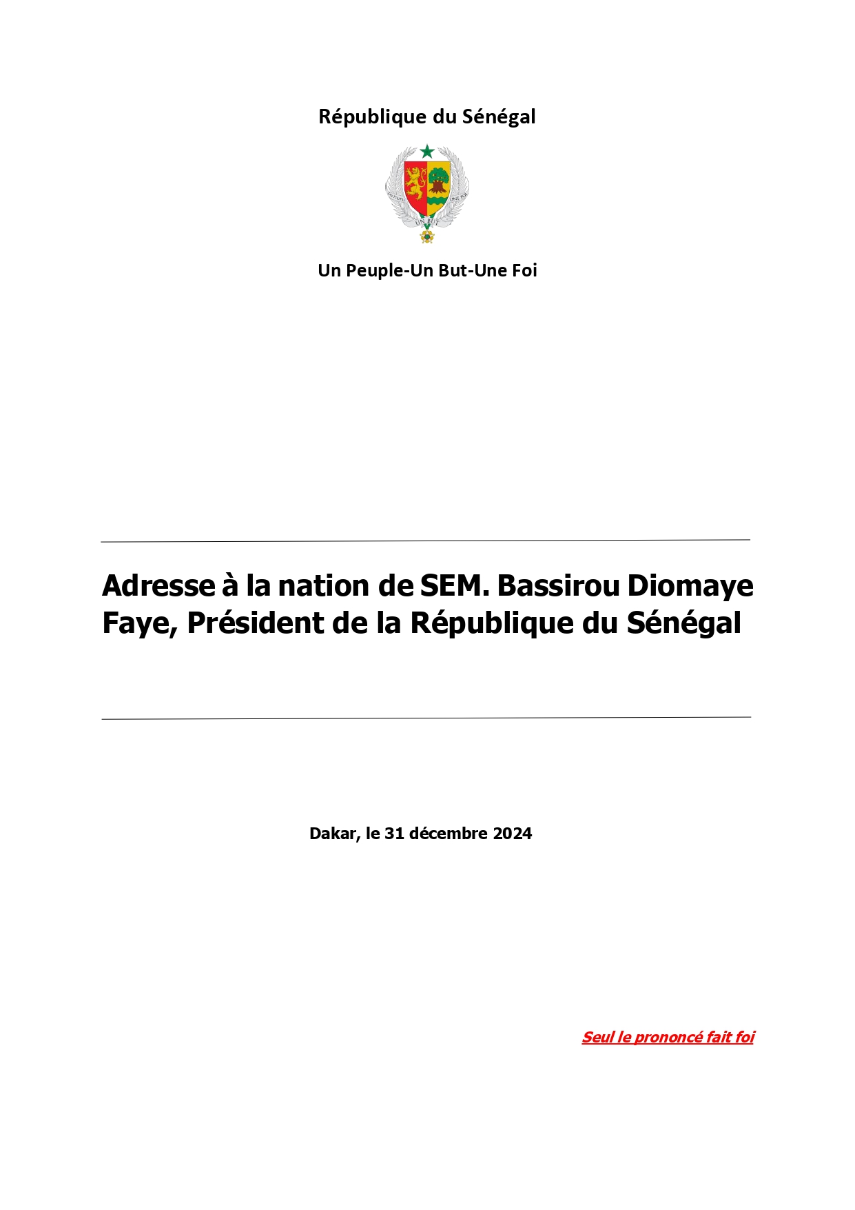 Adresse à la nation de SEM. Bassirou Diomaye Faye