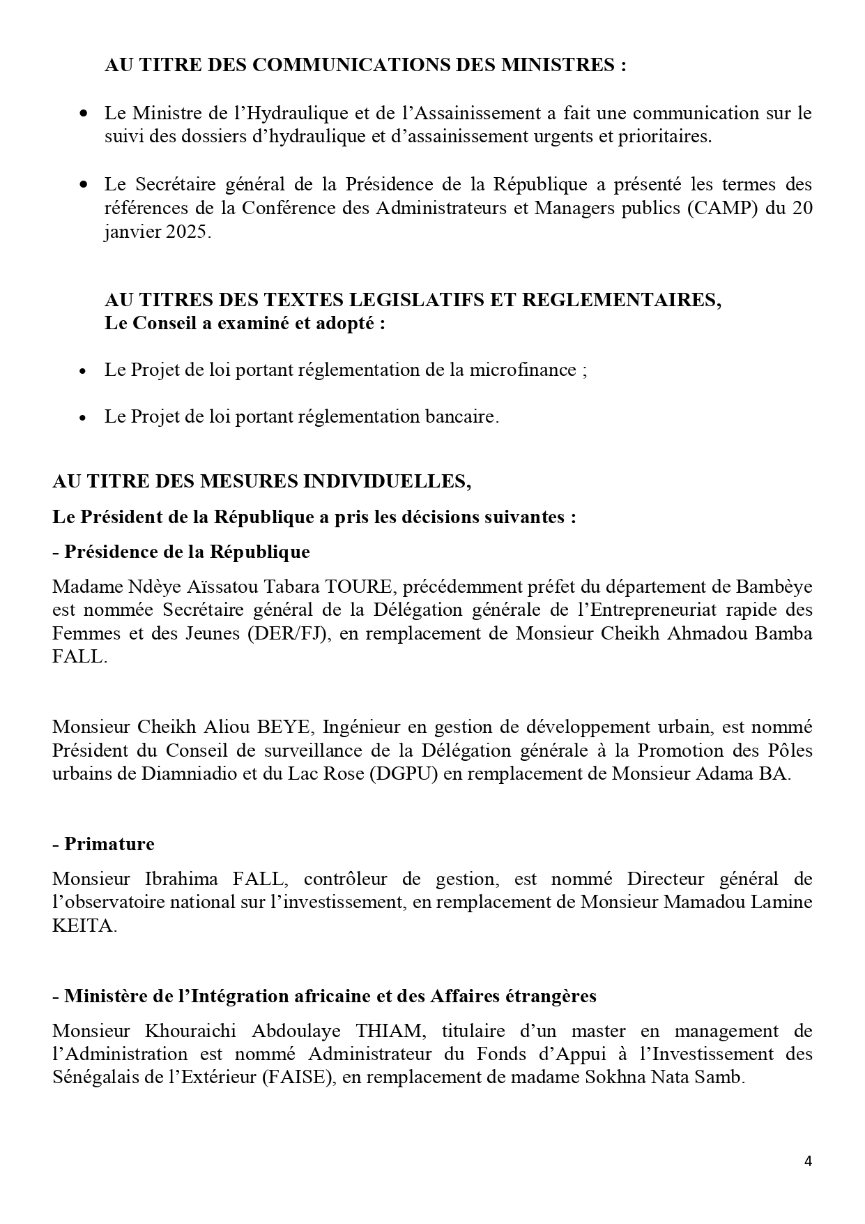 Communiqué du Conseil des ministres du mercredi 08 janvier 2025