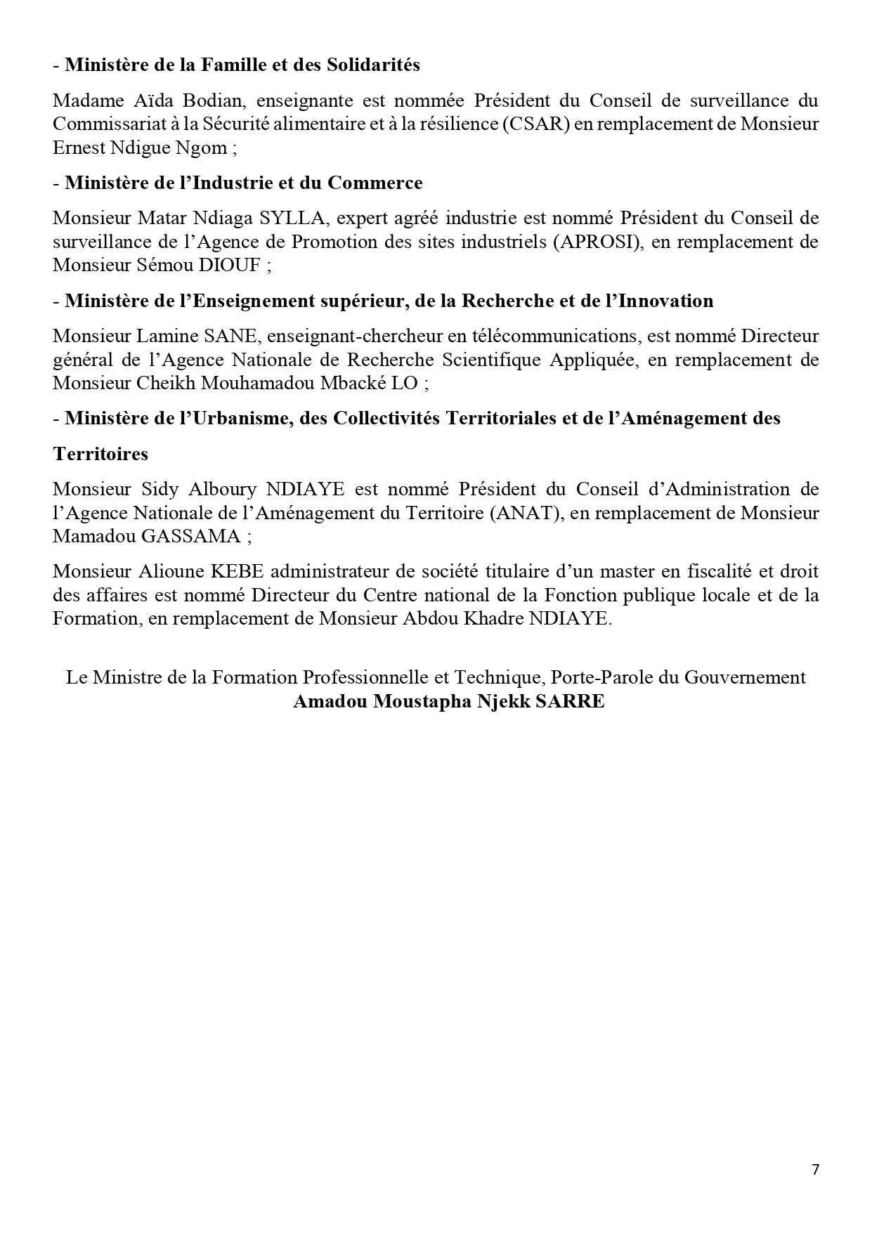 Communiqué du Conseil des ministres du mercredi 08 janvier 2025